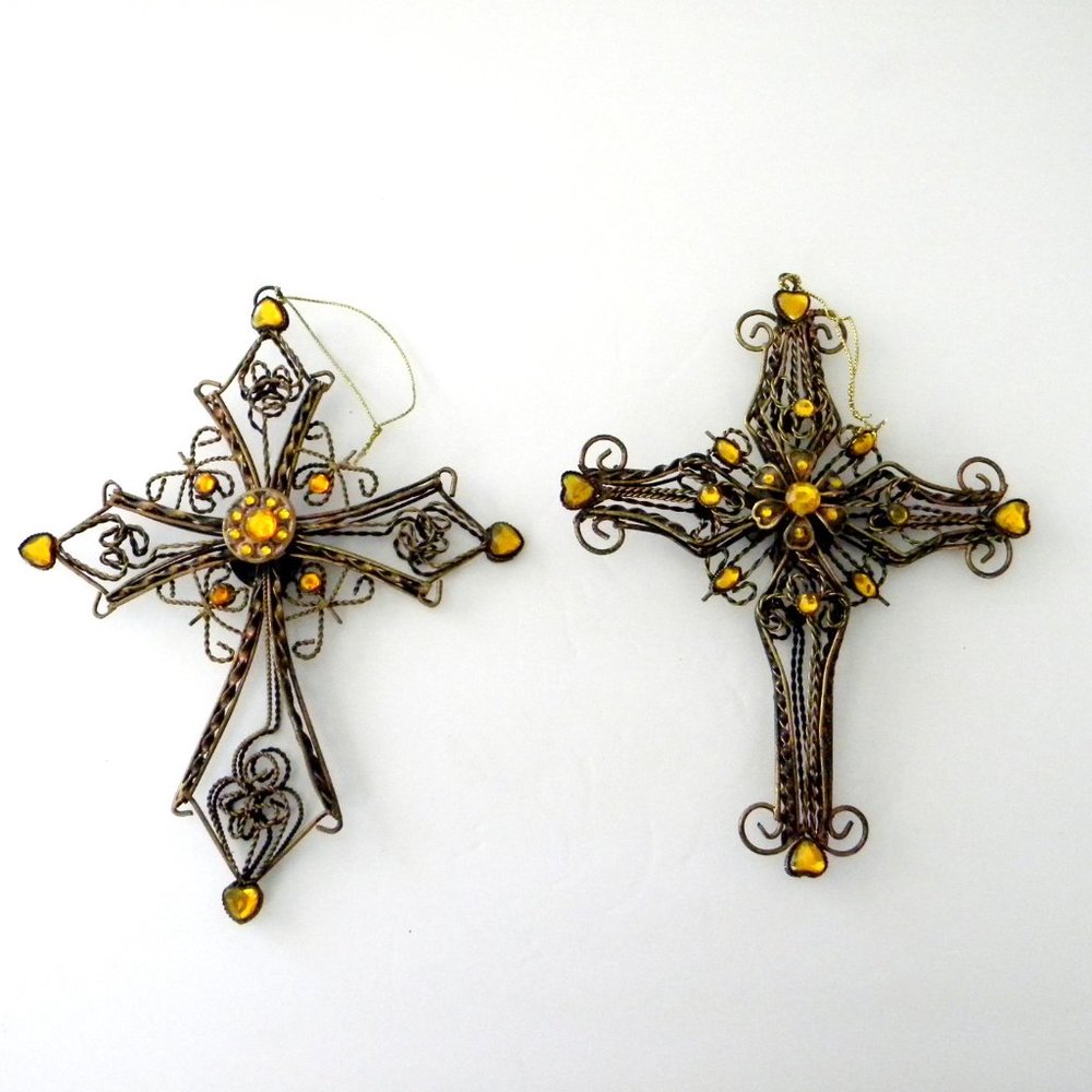 Weaved Wire Gothic Cross Christmas Ornaments with Yellow Rhinestones